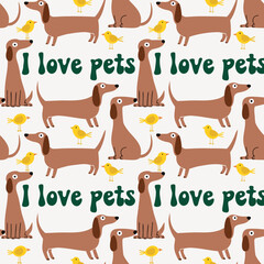 Fototapeta premium Cute seamless pattern with dachshund dogs and small birds