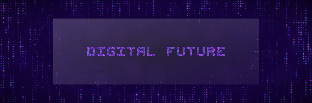 Digital Future Text Concept with Glitch Pixel Effect and Abstract Data Stream Background for Technology Presentation