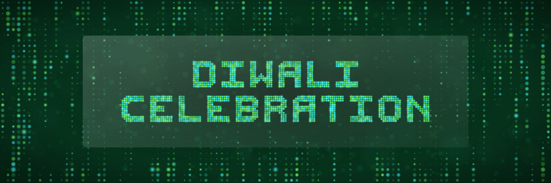 Digital Diwali Celebration Text Banner with Matrix Style Green Data Stream Background for Tech Festival Graphics