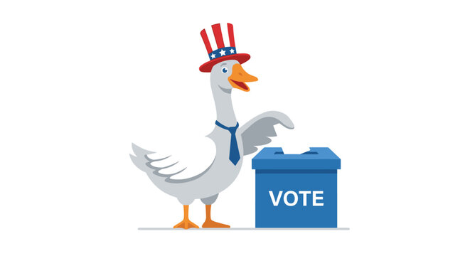 Patriotic duck character casting a ballot in a vote box.