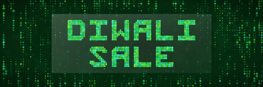 Digital Diwali Sale Banner with Matrix Style Green Pixel Text and Falling Code Background for Tech Retail Promotions