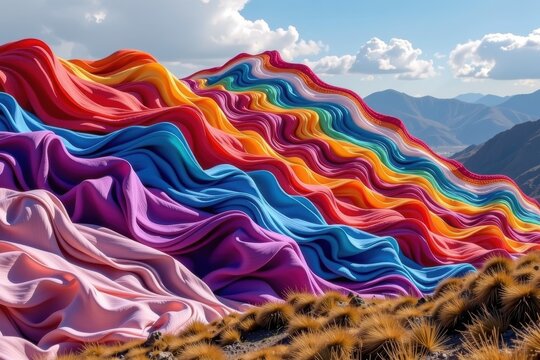 Vibrant, wavy fabric flows like mountain ridges under a bright sky