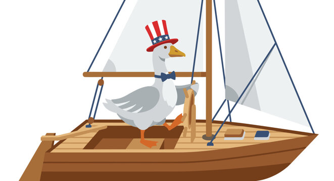 Patriotic goose sailing wooden boat on white background.