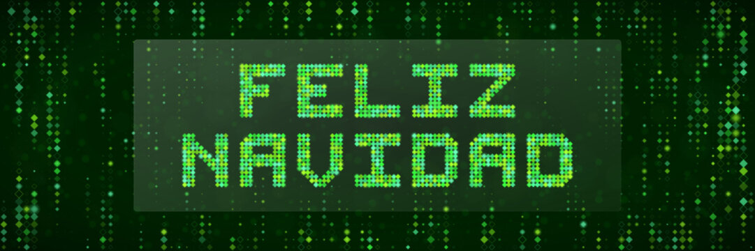 Digital Feliz Navidad Greeting Card with Matrix Style Green Code Background for Tech Themed Christmas Holiday Design