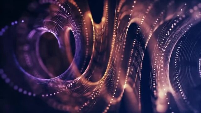 Glowing particle waves. This visual effect combines spiraling strands of light and dynamic curves with elegant gradients of gold, orange, and purple. 