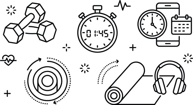 Gym Workout Equipment and Fitness Tracking Icon Set for Healthy Active Lifestyle Designs
