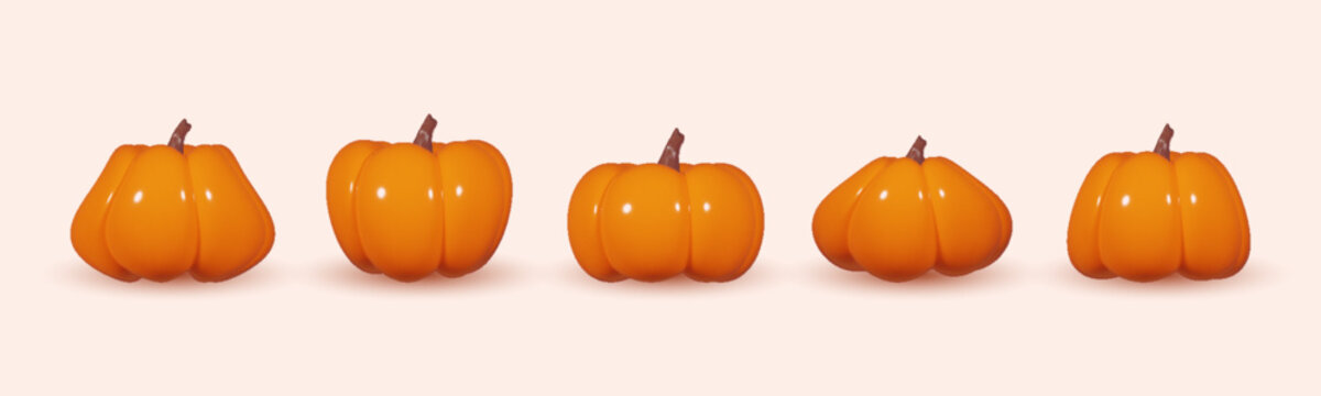 Row of five stylized 3D orange pumpkins with brown stems on a light beige background. Various shapes and sizes for autumn, Halloween, and Thanksgiving festive decorations.