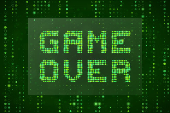 Game Over Digital Pixel Text Sign on Green Matrix Background for Retro Gaming Concept and Virtual Reality Failure Screen