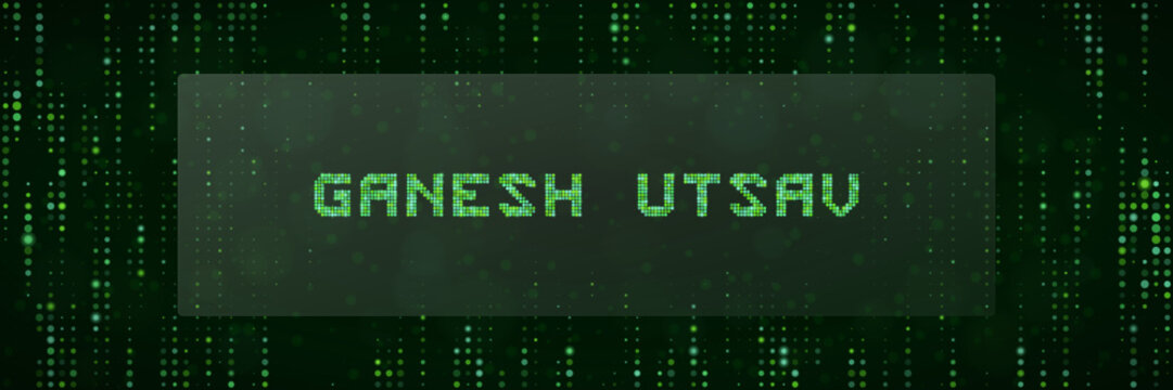 Digital Ganesh Utsav Text Banner with Matrix Style Green Binary Code Background for Tech Festival Celebration