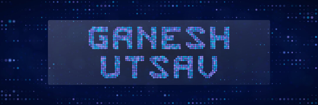 Digital Ganesh Utsav Text Design with Pixelated Blue Background for Religious Festival Celebration Graphics