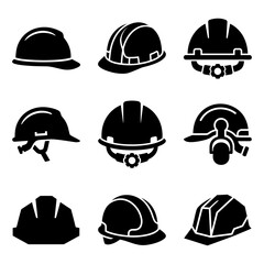 Fototapeta premium Professional Hard Hat and Safety Helmet Construction Icon Set for Industrial Protection Equipment and Work Site Safety Gear Glyph Symbols