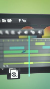 Close-up of a video editing toolbar and timeline tracks with soft depth of field over a green backdrop, dynamic mood, great for creative and tech marketing.