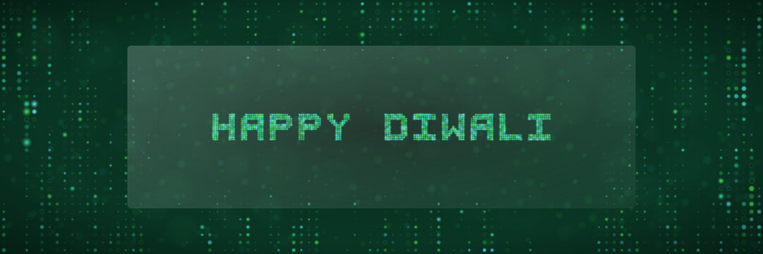 Digital Happy Diwali Greeting Card with Matrix Style Green Code Background for Tech Themed Festival Celebrations