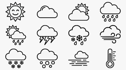 Obraz premium Sleek Minimalist Black and White Weather Icons Set Featuring Sunny Cloudy Rainy Snowy Stormy and Foggy Conditions