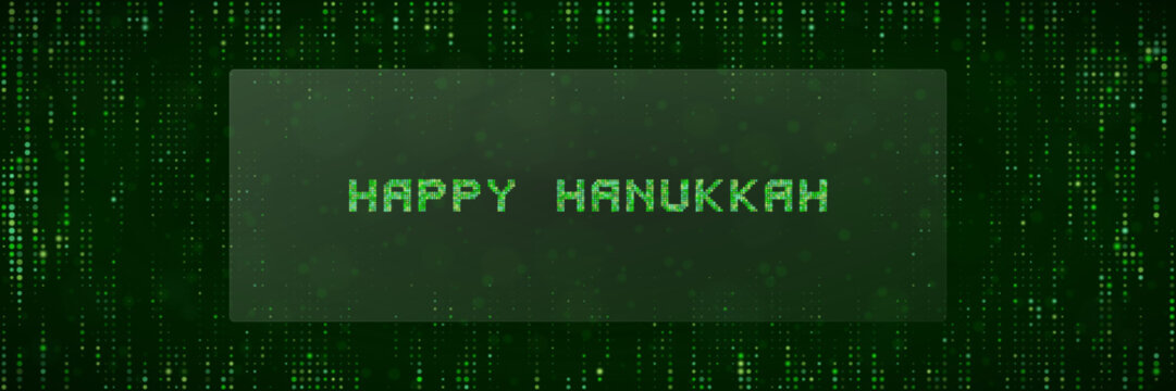 Digital Hanukkah Greeting Card with Matrix Style Green Data Stream Background for Tech Holiday Celebration