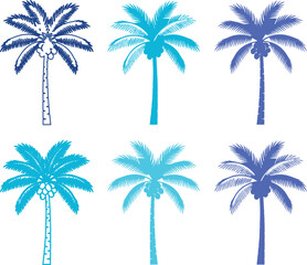 Fototapeta premium Tropical palm tree vector set, blue coconut palm silhouettes, 6 exotic summer plant icons, beach vacation graphic elements for travel design
