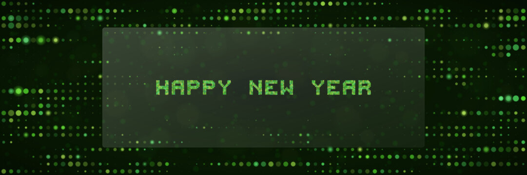 Digital Happy New Year Greeting Card with Green Matrix Code Particles and Cyberpunk Tech Background Design