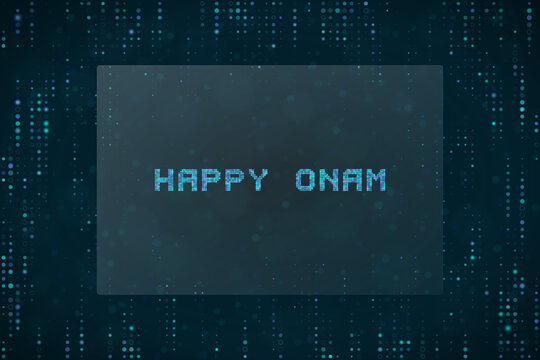Digital Pixelated Happy Onam Greeting Card Design with Abstract Matrix Background for Tech Themed Festive Wishes