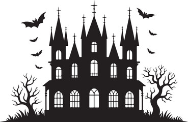 Fototapeta premium Silhouette of a haunted house with bats and bare trees