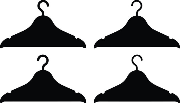 Black clothes hanger silhouettes set, flat vector coat hangers for fashion retail, minimalist garment storage icons for laundry and boutique
