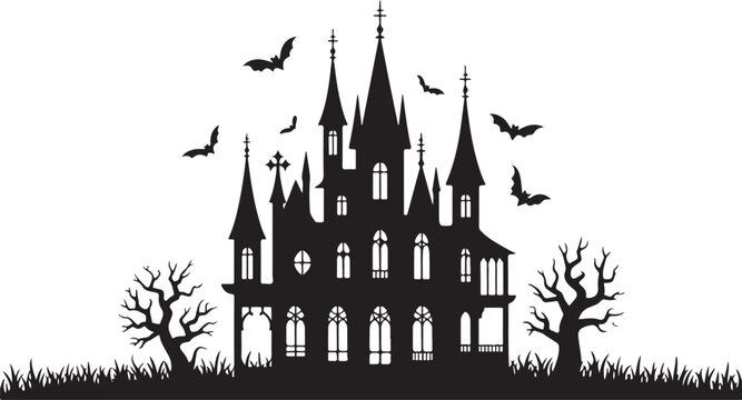 Haunted house silhouette with bats and dead trees