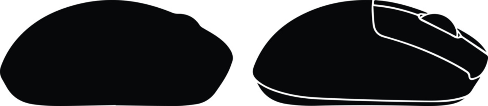 Computer mouse silhouette vector set, black wireless optical mouse icons, modern ergonomic peripheral hardware for office and gaming