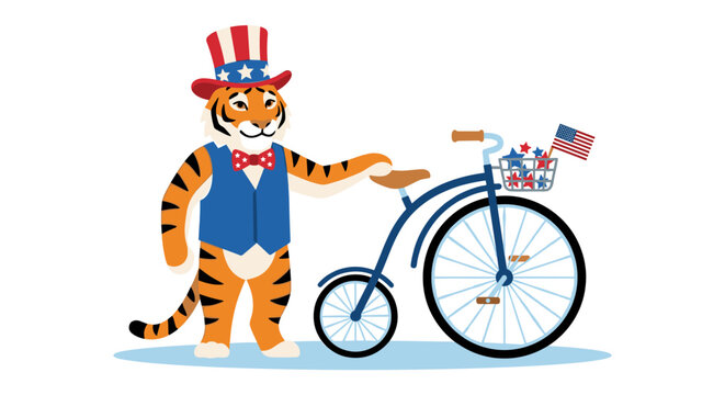 Tiger wearing patriotic suit standing by vintage penny farthing bicycle.