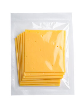 Vacuum-Sealed Cheese Slices in Plastic Packaging Isolated on Transparent or White Background