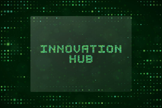 Innovation Hub Digital Concept with Green Matrix Pixel Text for Technology Business and Future Development Strategy