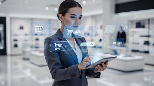 A professional woman uses a digital tablet with virtual shopping cart icons and discount percentages in a modern retail environment.