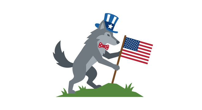 Wolf wearing patriotic hat and bowtie holding American flag outdoors.