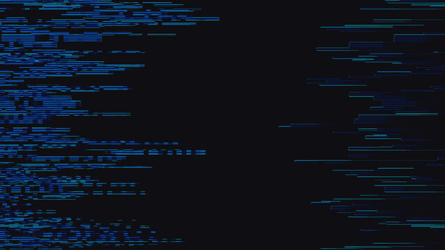 Blue horizontal data corruption patterns framing a central vertical black gap with pixel sorting artifacts. Digital glitch texture for cyberpunk film and DJ event design.
