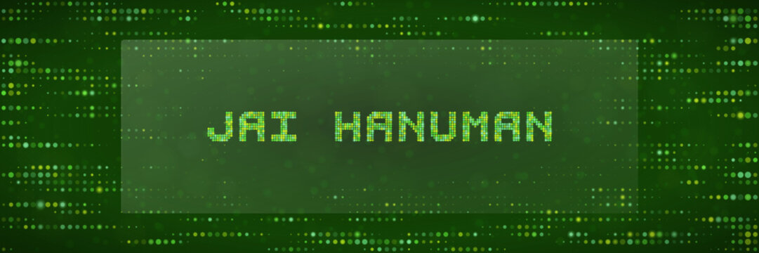 Digital Jai Hanuman Text Design with Green Matrix Data Background for Religious Tech and Spiritual Cyber Concepts