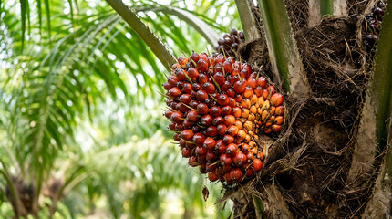 Fototapeta premium Fresh red oil palm fruit bunch hanging on a tree in a tropical plantation