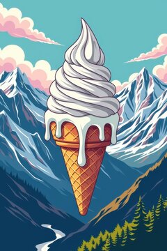 Giant ice cream floats above snowy peaks
