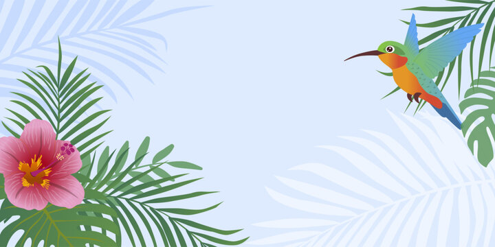 Lovely flat vector horizontal banner featuring a little colorful hummingbird hovering near a blooming pink hibiscus flower surrounded by lush green palm and monstera leaves. Vector illustration