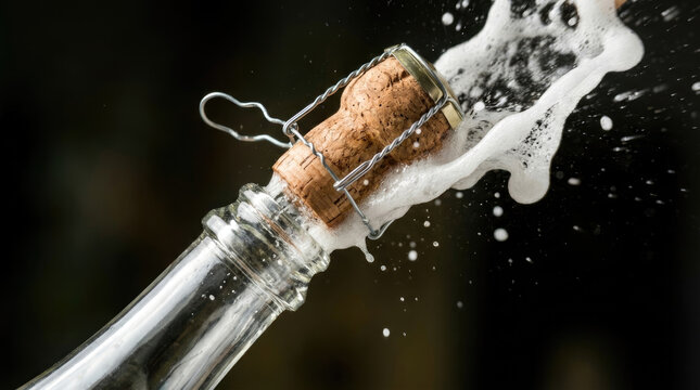 Champagne cork ejecting from bottle, creating festive spray of bubbles and excitement