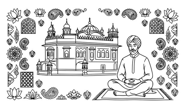Sikh temple and meditating guru illustration with traditional decorative cultural elements