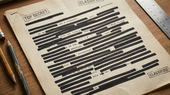 Top secret document with redacted information and classified markings evokes mystery