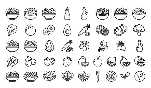 Healthy food and vegetable icon collection with fruits bowls and ingredients