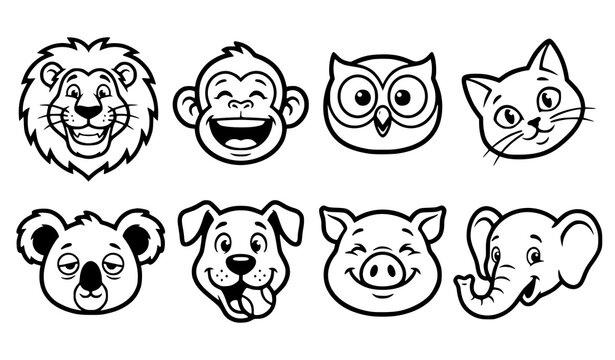 Cute cartoon animal face collection featuring lion monkey owl cat and panda