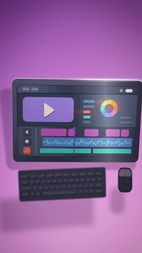 Stylized 3D video editing app on a monitor with timeline, color wheel and waveform on purple, playful creative mood, perfect for editing tutorials and tech promos.