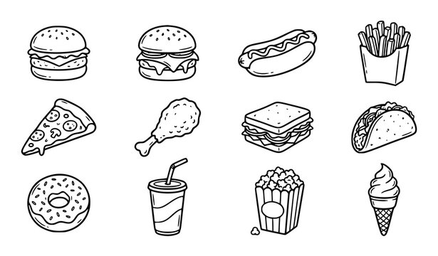 Fast food doodle icon collection featuring burgers pizza fries tacos and drinks