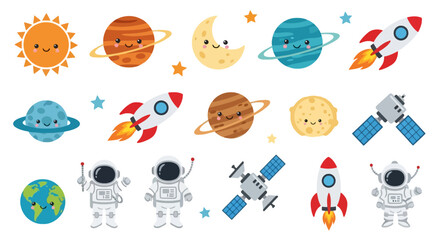 Space exploration icons featuring astronauts satellites and planets © fahri