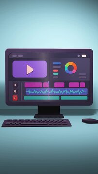 Cartoon-style 3D desktop video editing setup with monitor, keyboard, timeline and color tools on teal, clean modern mood, ideal for creative and tech marketing.