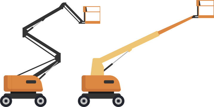 Set featuring articulating and telescopic boom lifts with work platforms. Ideal for construction, maintenance, warehouse operations, industrial projects, elevated access equipment catalogs, safety