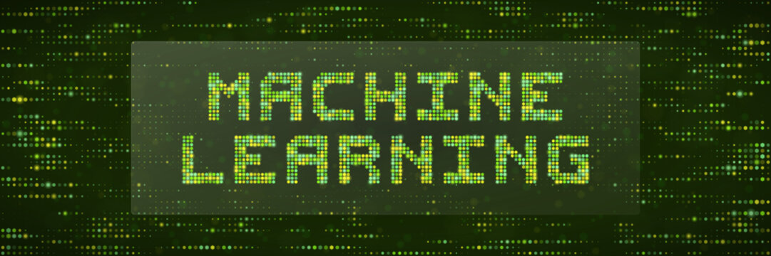 Machine Learning Digital Text Concept with Green Matrix Pixel Background for Artificial Intelligence Technology Data Science