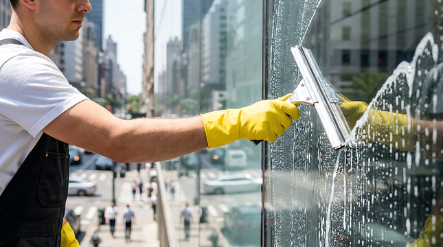 Professional window cleaner washing a skyscraper glass facade with a squeegee and soapy water in a busy city