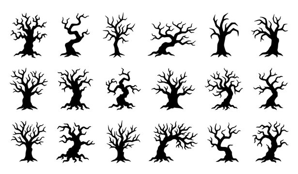 Collection of Bare Dead Tree Silhouettes with Twisted Branches and Roots