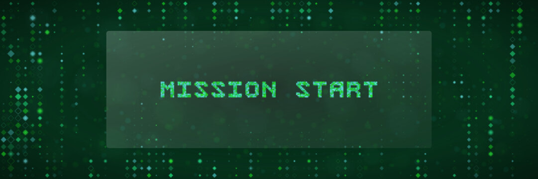 Mission Start Digital Text Overlay with Green Matrix Code Background for Gaming and Cyber Security Concepts